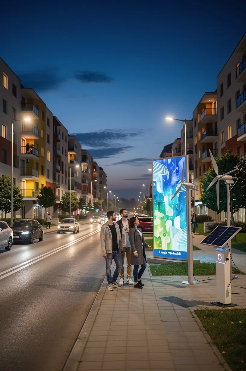 Ilustrație a unui centru comunitar echipat cu tehnologii digitale pentru educație și conectivitate în cartiere.