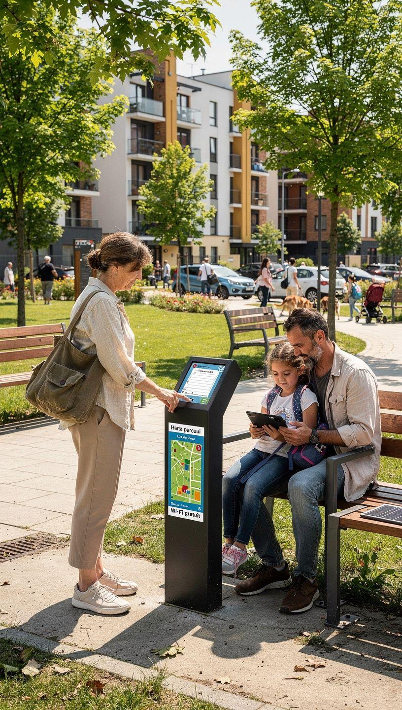 Imagine de ansamblu cu cartier urban modern echipat cu tehnologii inteligente pentru îmbunătățirea vieții cotidiene a locuitorilor, ilustrând inovația urbană și sustenabilitatea.